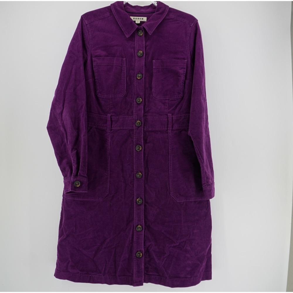 Boden Womens Purple Corduroy Button Front Utility Shirt Dress Long Sleeve 12L